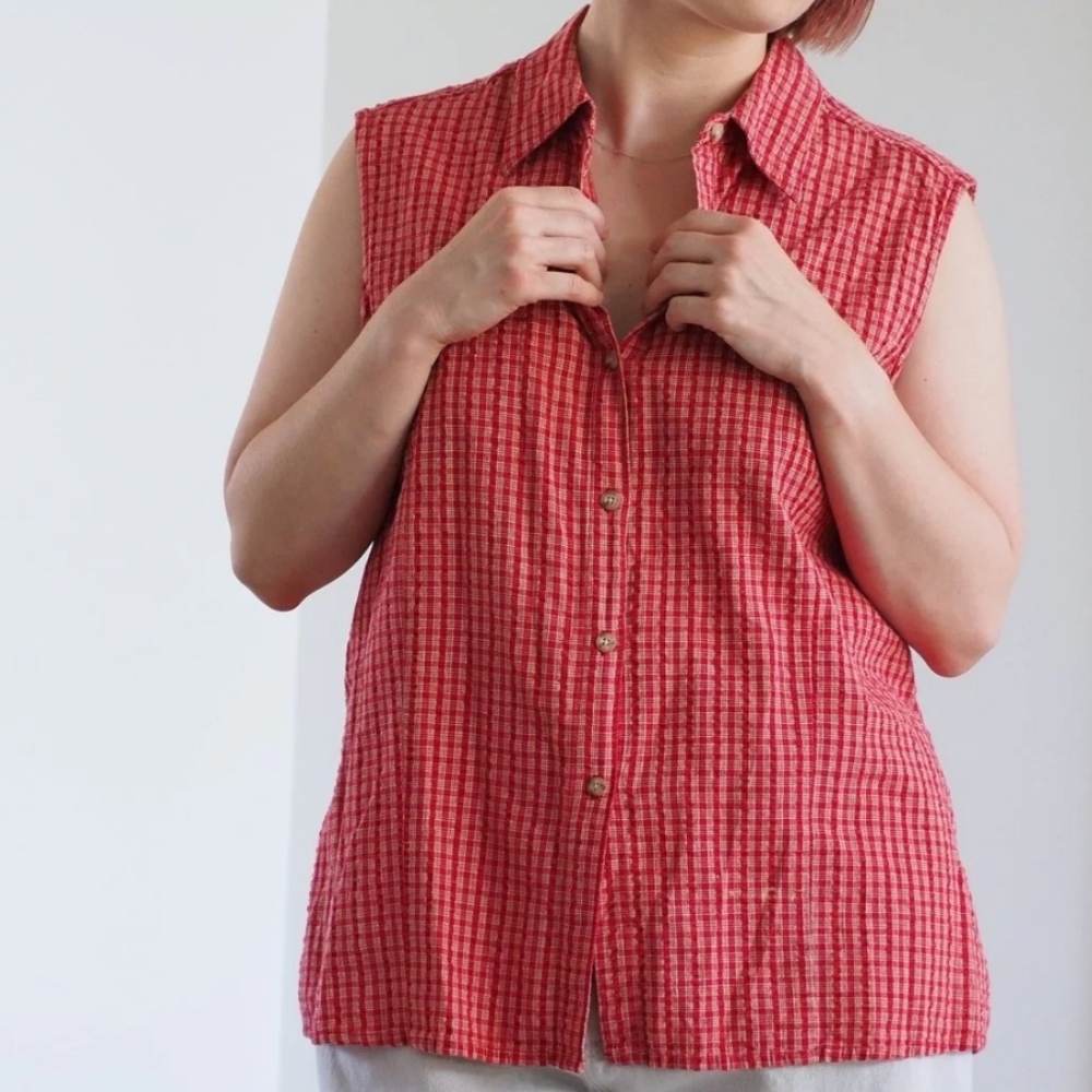 Sara Studio Red Gingham Sleeveless Button Down Shirt Checkered Vintage